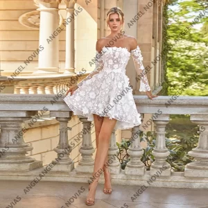 kf-S25f5f9acc524499ab6b5b465a9c1f490A Long Sleeves Short Mini 3D Flower Wedding Dresses Lace Up Back Bridal Party Dress Vestidos De Novia Customized