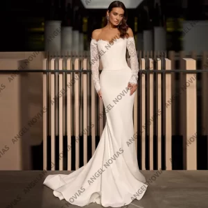 kf-S31457056a375413484591515abe570e52 Long Sleeves Mermaid White Wedding Dresses Spandex Satin Lace Up Back Bridal Party Gown Vestidos De Novia Customized