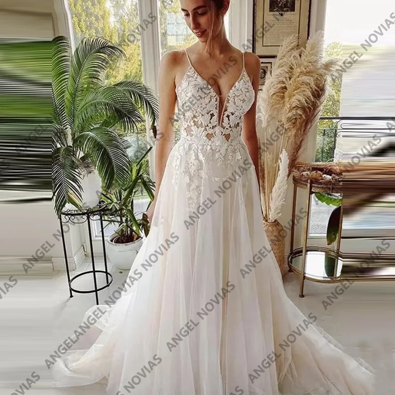 Customized Elegant Boho Beach Wedding Dress Delicate Lace Appliques Wedding Gown Vestidos De Novia