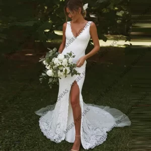 kf-S58bd0f44849645b687e8e9b9e3587bfeH Long Mermaid White Full Lace Boho Wedding Dresses with Slit Scoop Neckline Bridal Party Gown Vestidos De Novia Customized