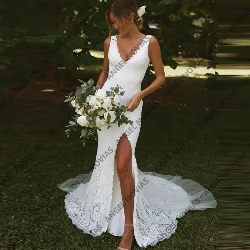 Long Mermaid White Full Lace Boho Wedding Dresses with Slit Scoop Neckline Bridal Party Gown Vestidos De Novia Customized