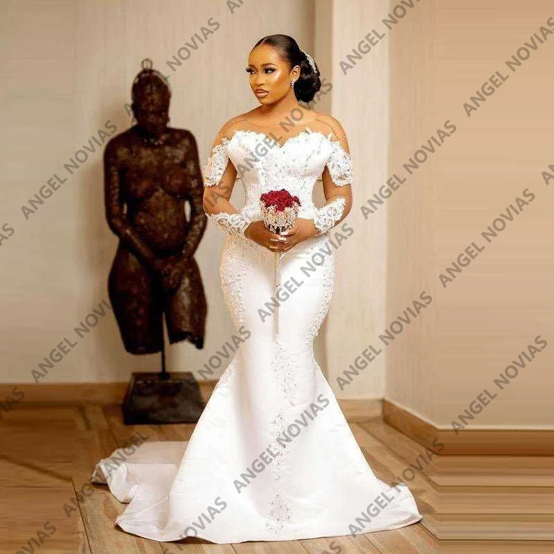 Vintage African Long Sleeves Sheer Lace Applique Mermaid Wedding Dresses Sweep Train Customized Vestido De Novial