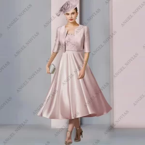 kf-S9c3e9ac932dd4638ada1844cc3c73a97I Customized Two Piece Tea Length A-Line Mother of the Bride Dress with Jacket Wedding Guest Elegant Vestidos De Festa