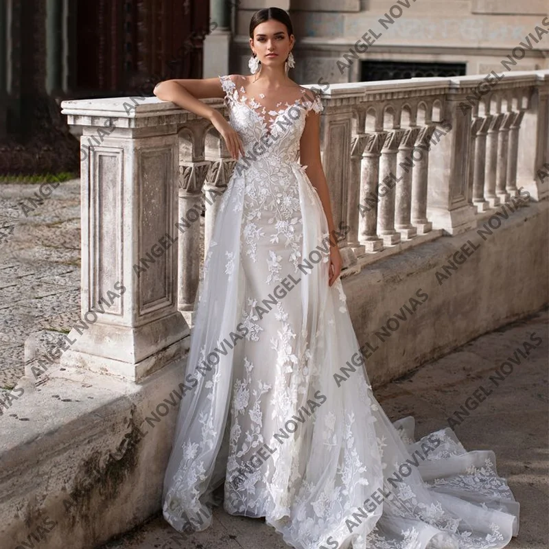 Long Vintage Long Lace Applique Mermaid Wedding Dresses with Detachable Skirt Customized Vestido De Novial