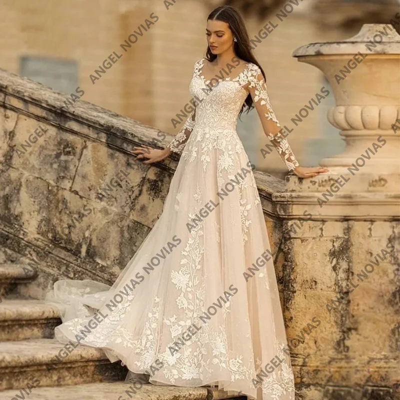 Vintage Long Sleeves Wedding Dresses Sheer Neckline Lace Appliques Corset Back A Line Bridal Gown Vestidos De Novia